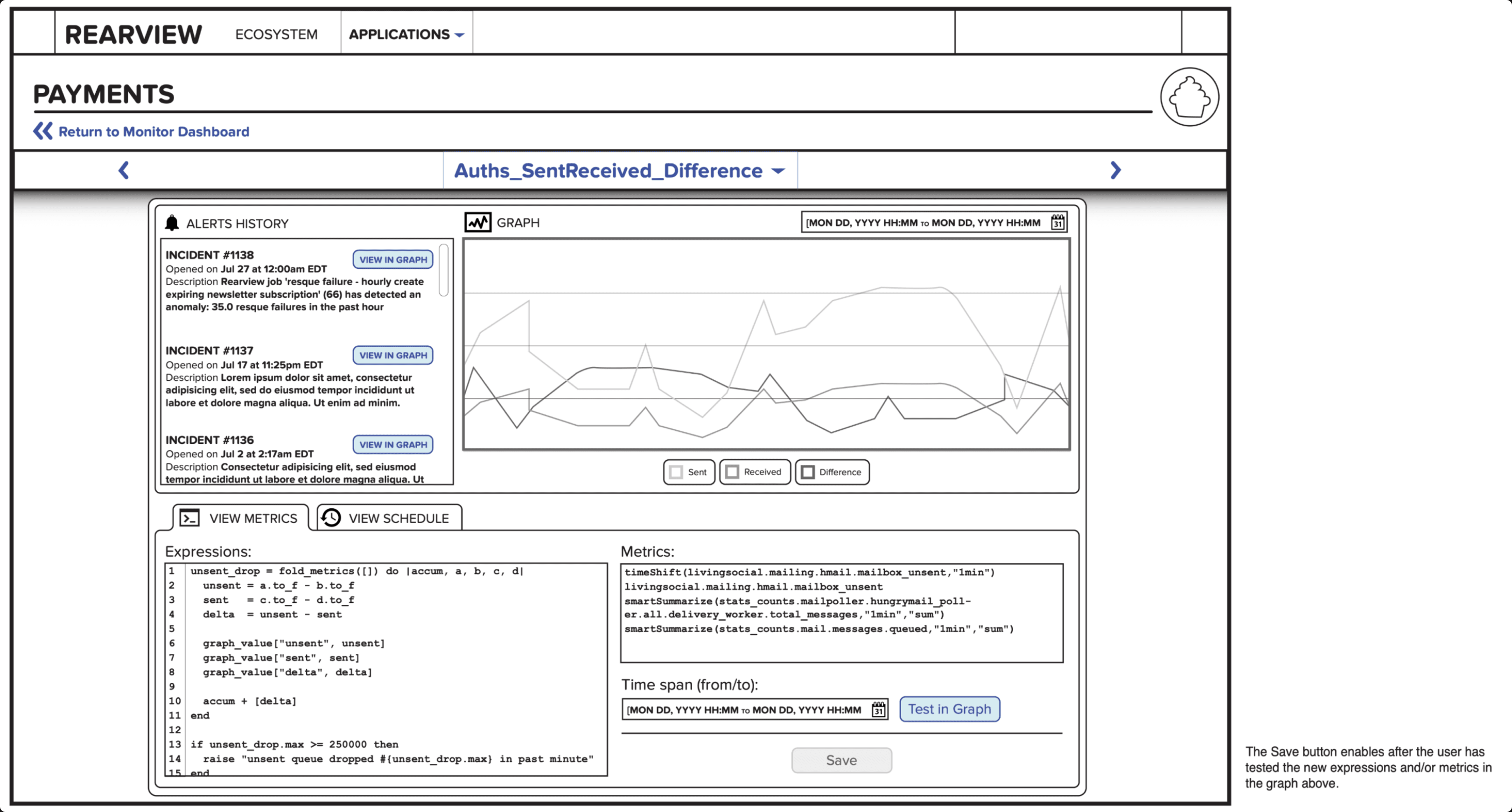 Wireframe of the Rearview monitor detail screen