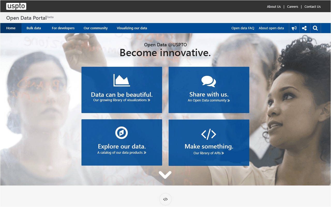 Home page of the USPTO Open Data Portal, beta public release