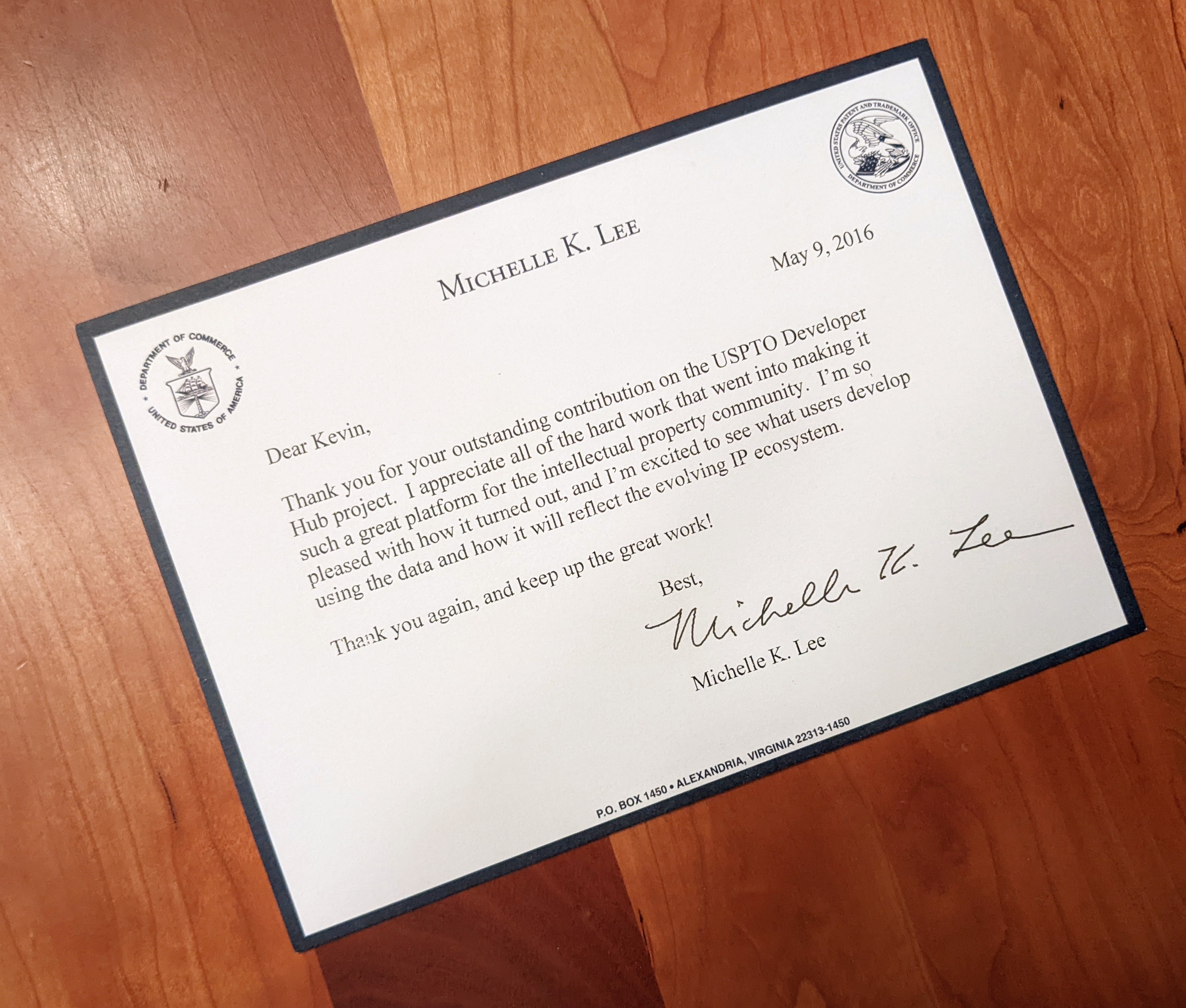 A personal letter from Michelle Lee, then-Director of USPTO
