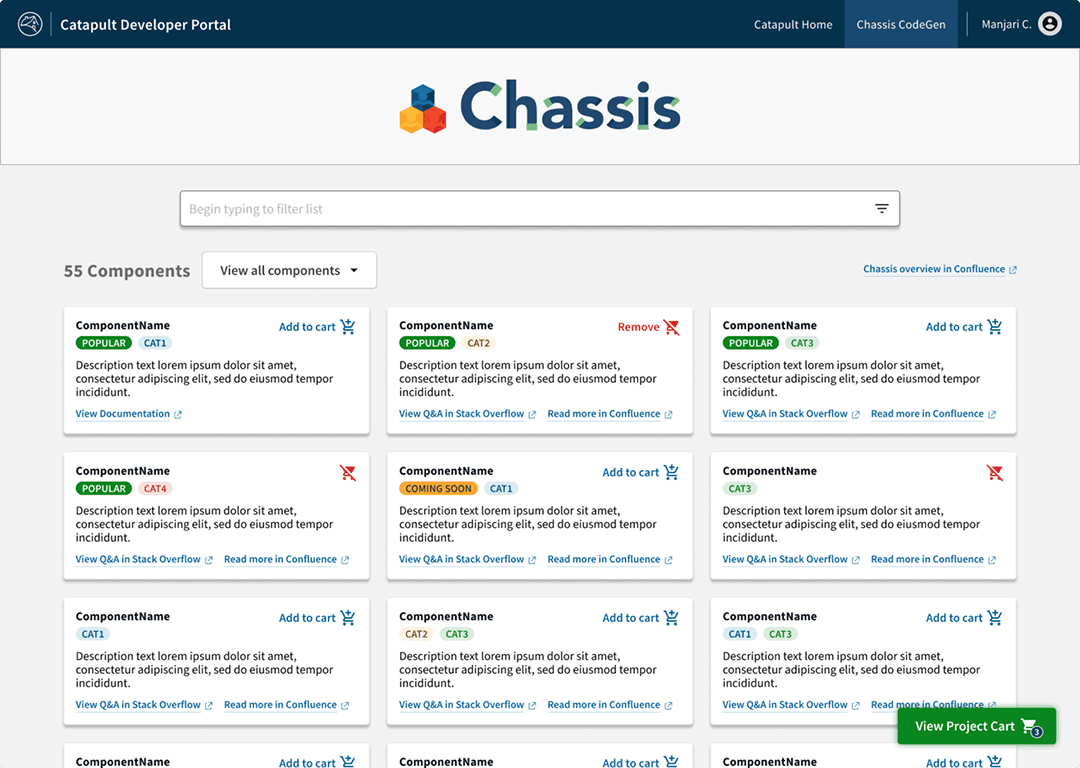 Screenshot of the Chassis CodeGen catalog and cart