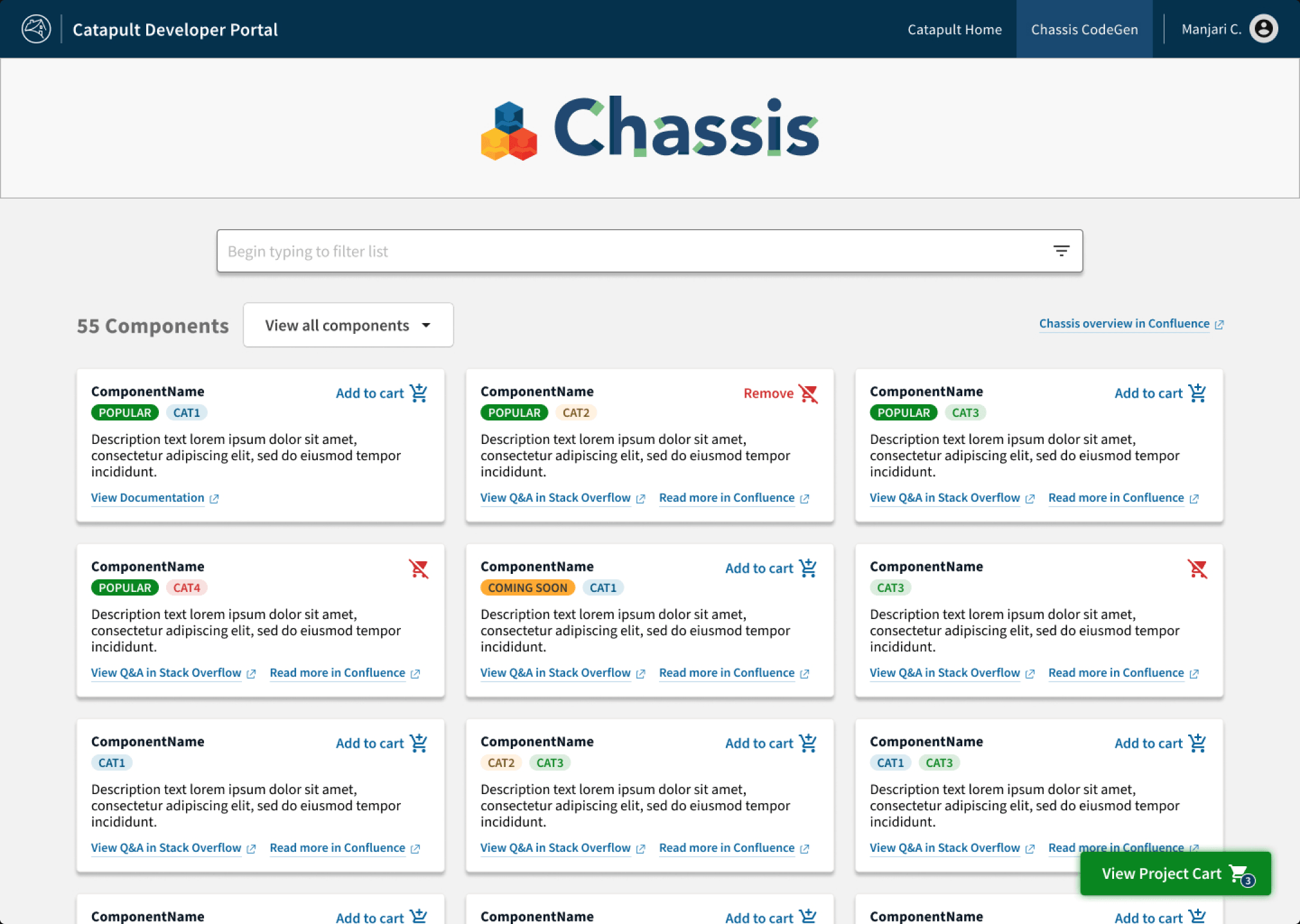 Screenshot of the Chassis CodeGen catalog and cart