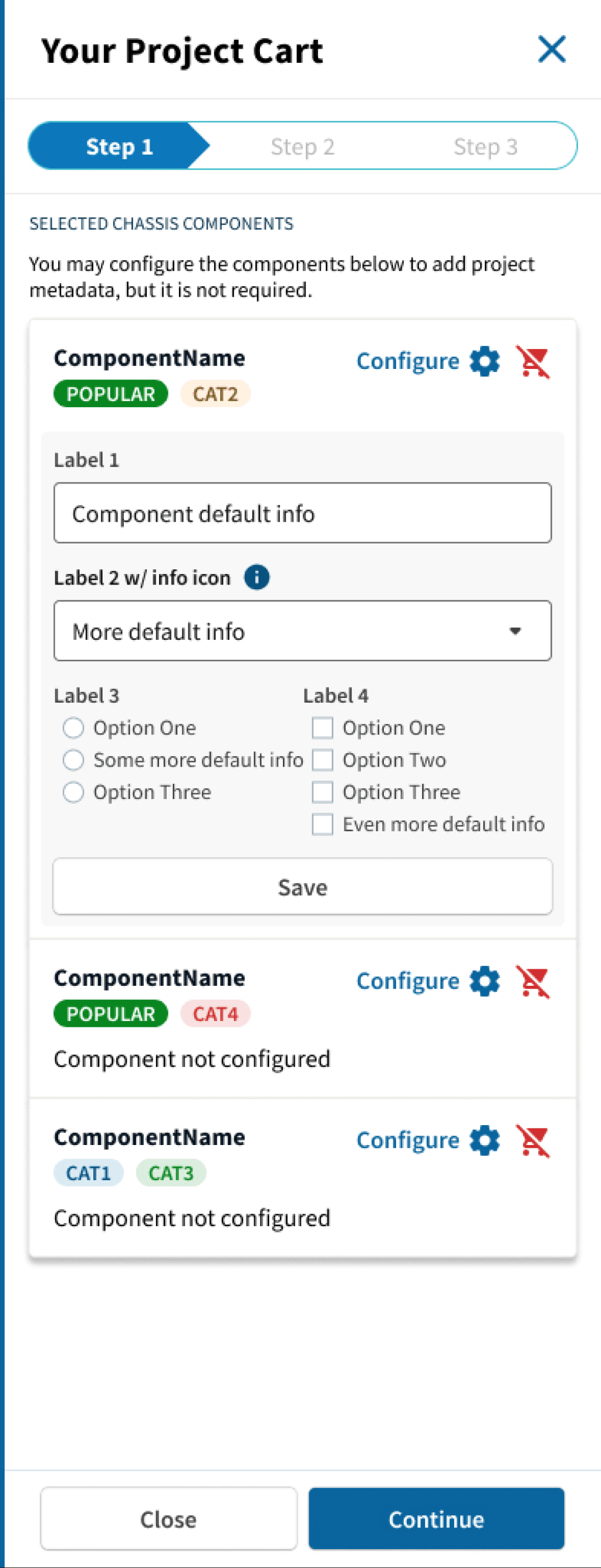 Screenshot of the component configuration side panel