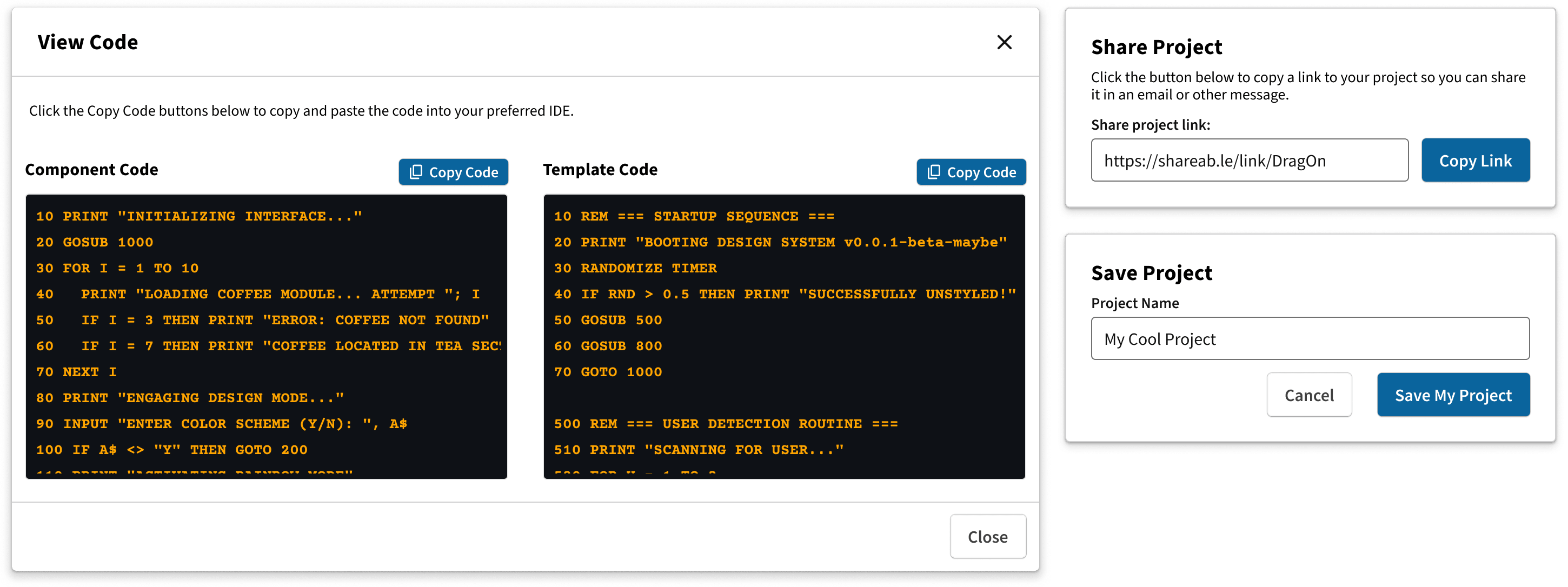 Screenshot of the DragOn UI Builder export and share modals